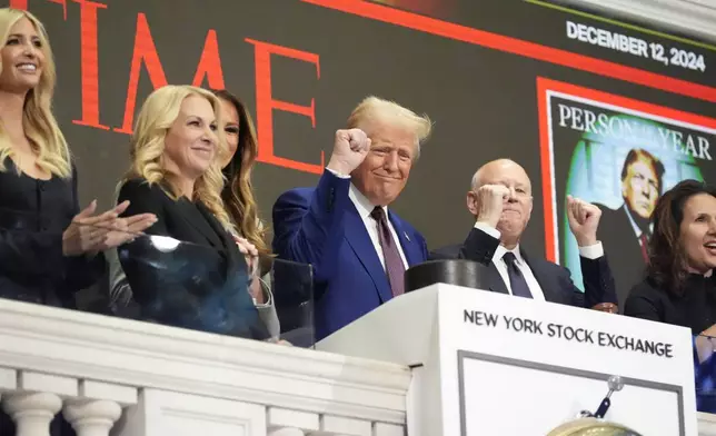 President-elect Donald Trump gestures after ringing the opening bell at the New York Stock Exchange, Thursday, Dec. 12, 2024, in New York. (AP Photo/Alex Brandon)