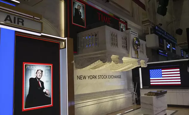 A cover of Time magazine's person of the year, shows President-elect Donald Trump, before a ceremony at the New York Stock Exchange, Thursday, Dec. 12, 2024, in New York. (AP Photo/Alex Brandon)