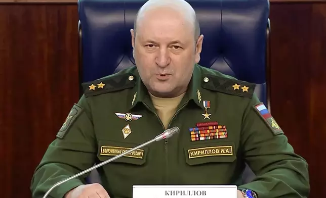 FILE - In this photo taken from video released by Russian Defense Ministry Press Service on Feb. 28, 2023, the head of the radiation, chemical and biological defense troops of the Russian Armed Forces Lt. Gen. Igor Kirillov speaks during a briefing in Moscow, Russia. (Russian Defense Ministry Press Service via AP, File)