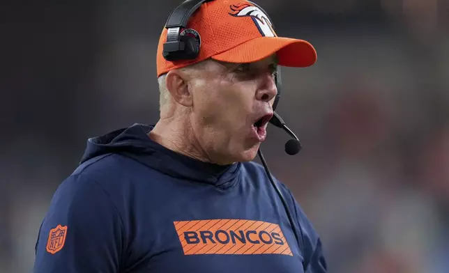 Denver Broncos head coach Sean Payton yells from the sideline during the second half an NFL football game against the Los Angeles Chargers, Thursday, Dec. 19, 2024, in Inglewood, Calif. (AP Photo/Eric Thayer)