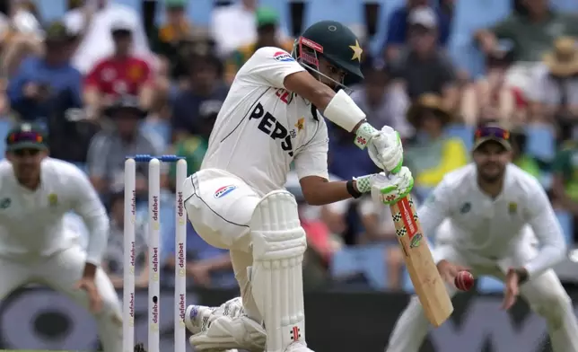Pakistan's Saud Shakeel plays a shot during day one of the Test cricket match between South Africa and Pakistan, at the Centurion Park in Centurion, South Africa, Thursday, Dec. 26, 2024. (AP Photo/Themba Hadebe)