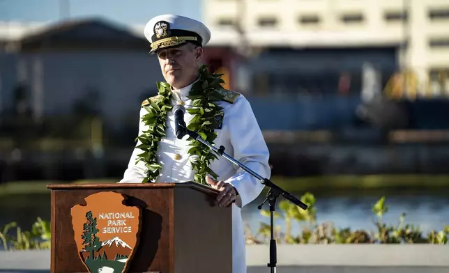 U.S. Navy Commander, U.S. Pacific Fleet, Adm. Stephen T. "Web" Koehler speaks during the 83rd Pearl Harbor Remembrance Day ceremony, Saturday, Dec. 7, 2024, in Honolulu. (AP Photo/Mengshin Lin)