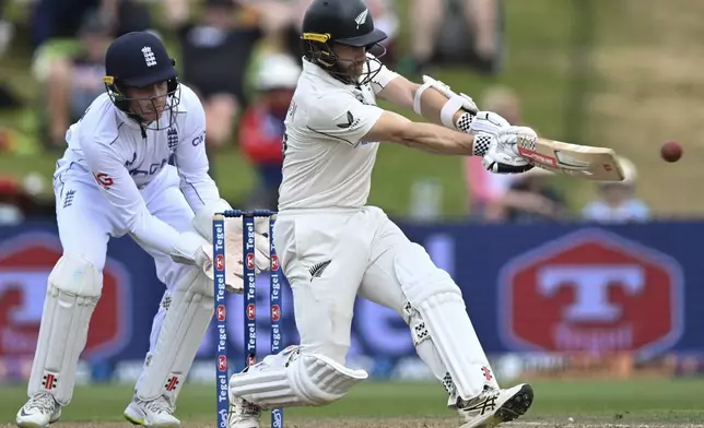 New Zealand's Kane Williamson bats during play on day three of the third cricket test between England and New Zealand in Hamilton, New Zealand, Monday, Dec. 16, 2024. (Andrew Cornaga/Photosport via AP)