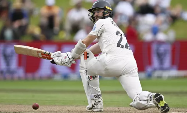 New Zealand's Kane Williamson bats during play on day three of the third cricket test between England and New Zealand in Hamilton, New Zealand, Monday, Dec. 16, 2024. (Andrew Cornaga/Photosport via AP)