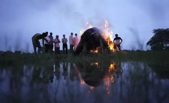 Flames rise from the cremation pyre of Savitri Devi, 50, who died from a stampede which occurred at a religious festival, in Ramnagar, in the northern Indian state of Uttar Pradesh, Wednesday, July 3, 2024. (AP Photo/Rajesh Kumar Singh)