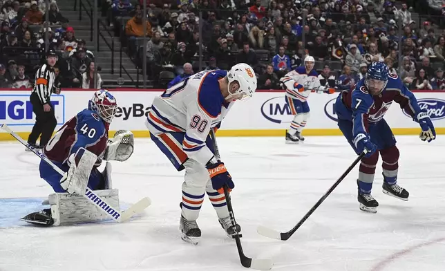 Edmonton Oilers right wing Corey Perry (90) fields a pass between Colorado Avalanche goaltender Alexandar Georgiev (40) and defenseman Devon Toews (7) in the second period of an NHL hockey game Saturday, Nov. 30, 2024, in Denver. (AP Photo/David Zalubowski)