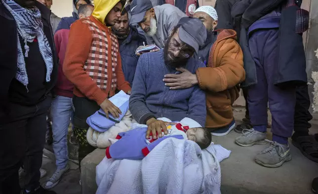 EDS NOTE: GRAPHIC CONTENT - Yehia al-Batran grieves as he holds the body of his 20-day-old son Jomaa, who died from hypothermia, at Al-Aqsa Martyrs Hospital in central Gaza, Sunday, Dec. 29, 2024. Jomaa's twin brother, Ali, remains in intensive care, as local health officials report at least three other infant deaths from the cold in recent weeks. (AP Photo/Abdel Kareem Hana)