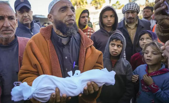 Imam Islam Abu Suaied holds the body of 20-day-old Jomaa al-Batran , who died from hypothermia, before the funeral at Al-Aqsa Martyrs Hospital in central Gaza, Sunday, Dec. 29, 2024. Jomaa's twin brother, Ali, remains in intensive care, as local health officials report at least three other infant deaths from the cold in recent weeks. (AP Photo/Abdel Kareem Hana)