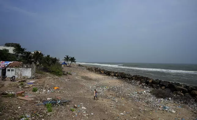 A person walks near the damaged embankment of 2004 tsunami in Nagapattinam, one of the severely damaged town during 2004 tsunami, India, Monday, Dec.16, 2024. (AP Photo/Mahesh Kumar A.)