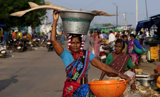 A woman carries a fish on her head after buying from the harbor in Nagapattinam, one of the severely damaged town during 2004 tsunami, India, Sunday, Dec. 15, 2024. (AP Photo/Mahesh Kumar A.)