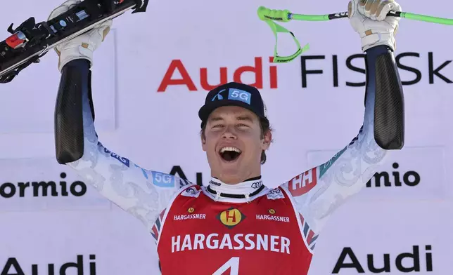 The winner Norway's Fredrik Moeller celebrates after an alpine ski, men's World Cup Super G race, in Bormio, Italy, Sunday, Dec. 29, 2024. (AP Photo/Marco Trovati)