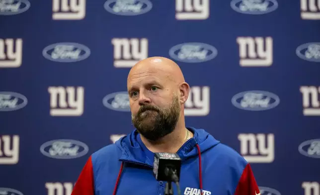 New York Giants head coach Brian Daboll speaks during a news condference after an NFL football game against the Atlanta Falcons, Sunday, Dec. 22, 2024, in Atlanta. (AP Photo/Mike Stewart)