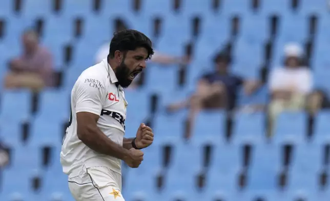 Pakistan's Aamer Jamal celebrates after dismissing South Africa's Temba Bavuma for 31 runs during day two of the Test cricket match between South Africa and Pakistan, at the Centurion Park in Centurion, South Africa, Friday, Dec. 27, 2024. (AP Photo/Themba Hadebe)