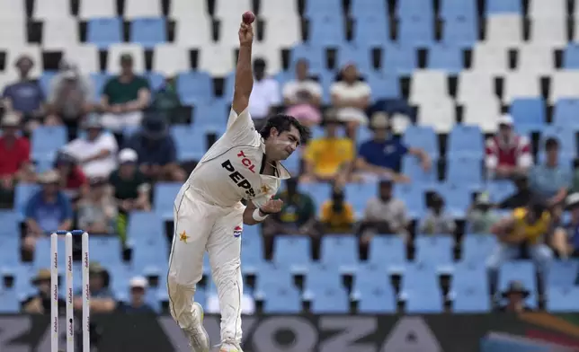 Pakistan's Naseem Shah bowls during day two of the Test cricket match between South Africa and Pakistan, at the Centurion Park in Centurion, South Africa, Friday, Dec. 27, 2024. (AP Photo/Themba Hadebe)