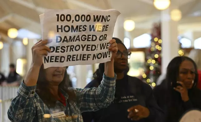 Protesters looks on as the Republican-dominated North Carolina House convened to complete the override of Democratic Gov. Roy Cooper's veto of a bill that aims to weaken the powers of Cooper's soon-to-be successor and other Democratic statewide winners in the Nov. 5 elections, Wednesday, Dec. 11, 2024, in Raleigh, N.C. (AP Photo/Matt Kelley)