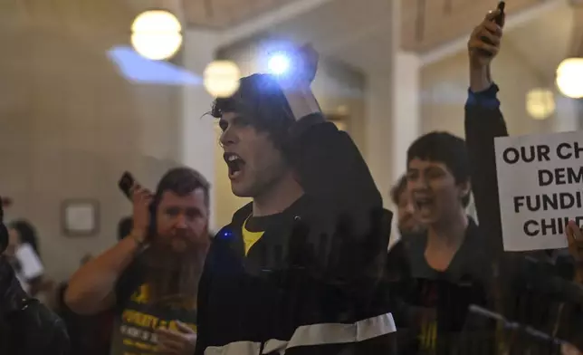 A protester reacts after the Republican-dominated North Carolina House convened to complete the override of Democratic Gov. Roy Cooper's veto of a bill that aims to weaken the powers of Cooper's soon-to-be successor and other Democratic statewide winners in the Nov. 5 elections, Wednesday, Dec. 11, 2024, in Raleigh, N.C. (AP Photo/Matt Kelley)