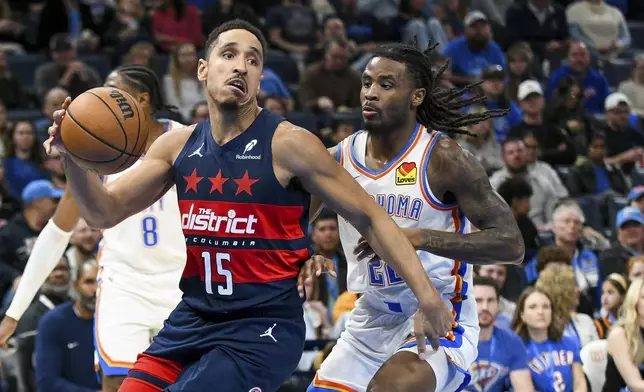 Washington Wizards guard Malcolm Brogdon (15) drives past Oklahoma City Thunder guard Cason Wallace, right, during the first half of an NBA basketball game, Monday, Dec. 23, 2024, in Oklahoma City. (AP Photo/Kyle Phillips)