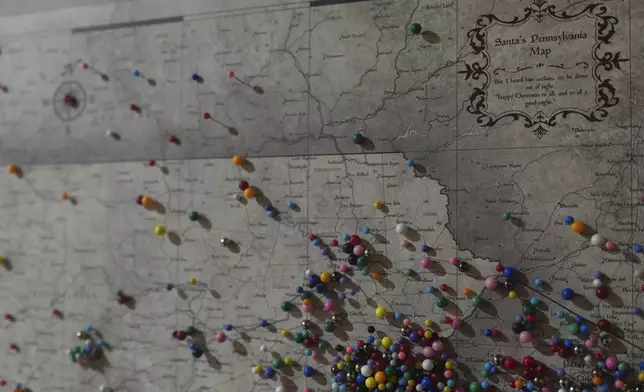 Santa’s Pennsylvania map is displayed at a store in Bethlehem, Pa., on Sunday, Friday, Nov. 29, 2024. (AP Photo/Luis Andres Henao)