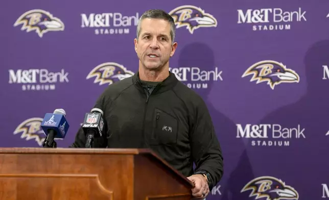 Baltimore Ravens head coach John Harbaugh talks to repoters following an NFL football game against the Pittsburgh Steelers, Saturday, Dec. 21, 2024, in Baltimore. The Ravens won 34-17. (AP Photo/Nick Wass)