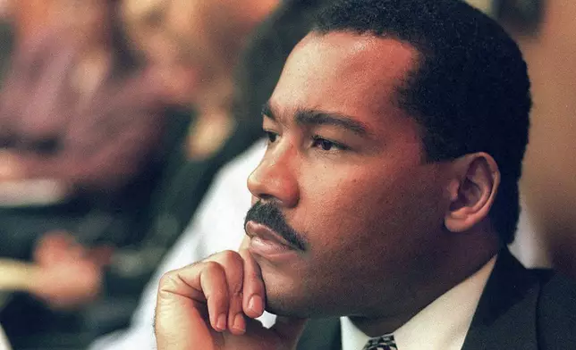 FILE - Dexter King, son of the late civil rights leader Martin Luther King Jr., listens to arguments in the State Court of Criminal Appeals in Jackson, Tenn., Aug. 29, 1997, to determine whether two Memphis judges have overstepped their authority surrounding the investigation of the King assassination. (Helen Comer/The Jackson Sun via AP, Pool, File)