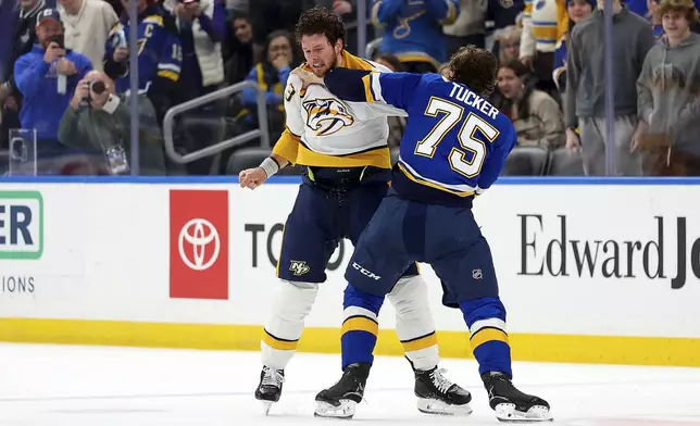 Nashville Predators' Jeremy Lauzon (3) and St. Louis Blues' Tyler Tucker (75) fight during the first period of an NHL hockey game Friday, Dec. 27, 2024, in St. Louis. (AP Photo/Scott Kane)