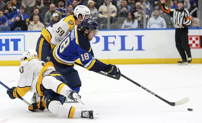 St. Louis Blues' Robert Thomas (18) shoots on goal while under pressure from Nashville Predators' Adam Wilsby (83) and Roman Josi (59) during the second period of an NHL hockey game Friday, Dec. 27, 2024, in St. Louis. (AP Photo/Scott Kane)