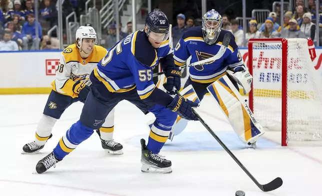 St. Louis Blues' Colton Parayko (55) clears the puck while under pressure from Nashville Predators' Zachary L'Heureux (68) during the third period of an NHL hockey game Friday, Dec. 27, 2024, in St. Louis. (AP Photo/Scott Kane)