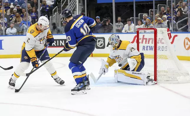 Nashville Predators goaltender Justus Annunen (29) stops the puck as Nashville Predators' Luke Schenn (2) and St. Louis Blues' Brayden Schenn (10) battle during the second period of an NHL hockey game Friday, Dec. 27, 2024, in St. Louis. (AP Photo/Scott Kane)