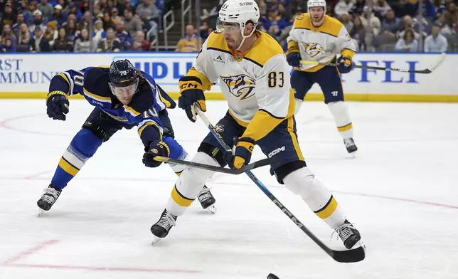 Nashville Predators' Adam Wilsby (83) looks to pass the puck while under pressure from St. Louis Blues' Oskar Sundqvist (70) during the second period of an NHL hockey game Friday, Dec. 27, 2024, in St. Louis. (AP Photo/Scott Kane)