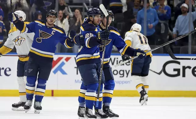 St. Louis Blues' Jordan Kyrou (25) celebrates with teammates after scoring during the first period of an NHL hockey game against the Nashville Predators, Friday, Dec. 27, 2024, in St. Louis. (AP Photo/Scott Kane)