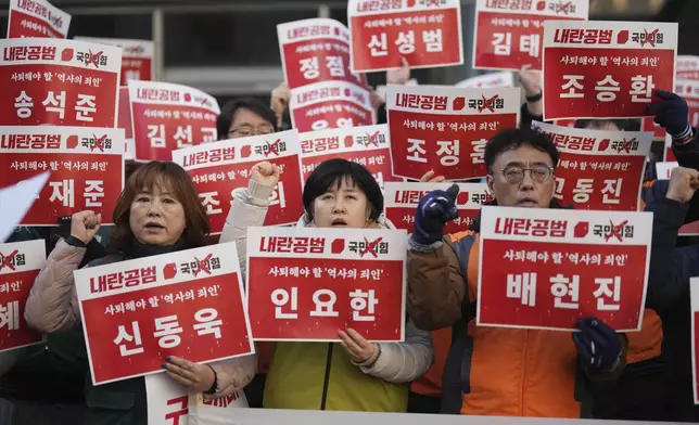Members of the Korean Confederation of Trade Unions shout slogans as they hold signs carrying the names of the ruling party's lawmakers who didn't vote at the impeachment motion last week, during a rally in front of the ruling People Power Party's head office in Seoul, South Korea, Monday, Dec. 9, 2024. (AP Photo/Lee Jin-man)
