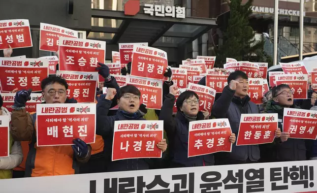 Members of the Korean Confederation of Trade Unions shout slogans as they hold signs carrying the names of the ruling party's lawmakers who didn't vote at the impeachment motion last week, during a rally in front of the ruling People Power Party's head office in Seoul, South Korea, Monday, Dec. 9, 2024. (AP Photo/Lee Jin-man)