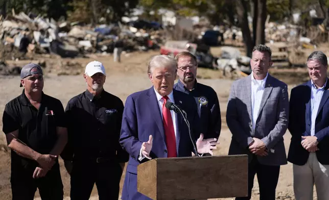 FILE - Republican presidential nominee former President Donald Trump delivers remarks on the damage and federal response to Hurricane Helene, in Swannanoa, N.C., Oct. 21, 2024. (AP Photo/Evan Vucci, File)