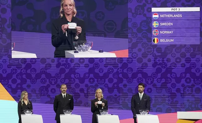 Swedish soccer player Caroline Seger draws Norway during the UEFA Euro 2025 European women's soccer championship final draw at the Swiss Tech Convention Centre in Lausanne, Switzerland, Monday, Dec. 16, 2024. (AP Photo/Laurent Cipriani)