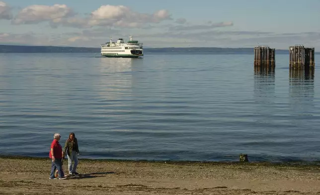 Jen Dold, whose brother, Alex Dold, lived with schizophrenia and died after a 2017 encounter with sheriff's deputies and police officers, walks with her niece, Alena Alexandra Judy, 4, and her mother, Kathy Duncan, left, Wednesday, Sept. 18, 2024, on the waterfront in Edmonds, Wash. (AP Photo/Lindsey Wasson)