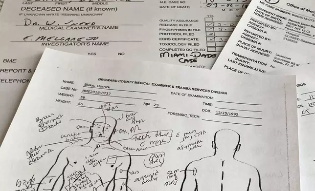 Pages from a Broward County, Fla., medical examiner report and other documents related to the case of Derrick Blake, who died in a hospital on March 6, 2018, after being injured during an encounter with police in September 2012, are arranged for a photograph in New York on Nov. 12, 2024. (AP Photo/Patrick Sison)