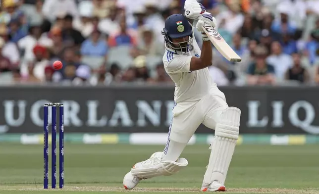 India's KL Rahul bats during the day one of the second cricket test match between Australia and India at the Adelaide Oval in Adelaide, Australia, Friday, Dec. 6, 2024. (AP Photo/James Elsby)
