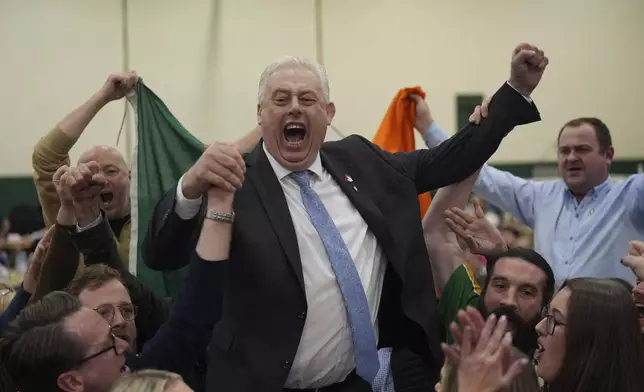 Sinn Fein's Thomas Gould celebrates following re-election for Cork North-Central, as the election count continues during Ireland's election, in Nemo Rangers GAA Club, in Cork, Ireland, Sunday, Dec. 1, 2024. (Jacob King/PA via AP)