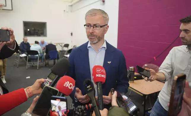 Green Party Leader Rodrick O'Gorman at the Dublin West count centre at Phibblestown Community Centre, Dublin, Sunday Dec. 1, 2024, as vote counting continues for the Irish General Election. (Niall Carson/PA via AP)