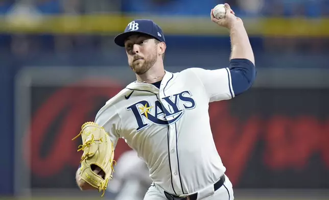 FILE - Tampa Bay Rays starting pitcher Jeffrey Springs throws during the first inning of a baseball game Minnesota Twins, Tuesday, Sept. 3, 2024, in St. Petersburg, Fla. (AP Photo/Chris O'Meara, File)