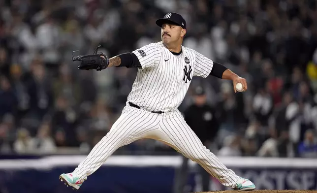 FILE - New York Yankees pitcher Nestor Cortes throws against the Los Angeles Dodgers during the fourth inning in Game 3 of the baseball World Series, Monday, Oct. 28, 2024, in New York. (AP Photo/Godofredo A. Vásquez, File)