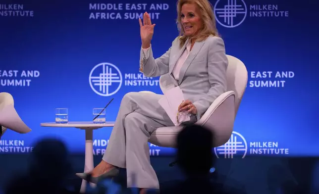 U.S. first lady Jill Biden attends the Milken Institute's Middle East and Africa Summit in Abu Dhabi, United Arab Emirates, Thursday, Dec. 5, 2024. (AP Photo/Altaf Qadri)