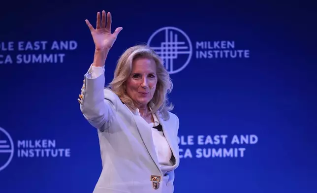 U.S. first lady Jill Biden attends the Milken Institute's Middle East and Africa Summit in Abu Dhabi, United Arab Emirates, Thursday, Dec. 5, 2024. (AP Photo/Altaf Qadri)