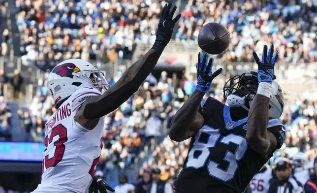 Carolina Panthers wide receiver David Moore catches a touchdown pass ahead of Arizona Cardinals cornerback Sean Murphy-Bunting during the second half of an NFL football game, Sunday, Dec. 22, 2024, in Charlotte, N.C. (AP Photo/Rusty Jones)