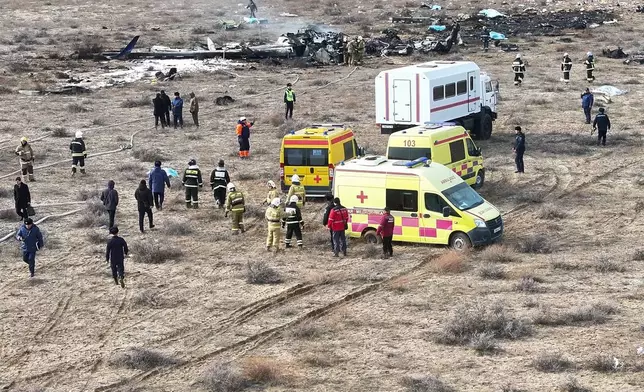 The wreckage of Azerbaijan Airlines Embraer 190 lays on the ground near the airport of Aktau, Kazakhstan, Wednesday, Dec. 25, 2024. (AP Photo)