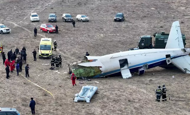 The wreckage of Azerbaijan Airlines Embraer 190 lays on the ground near the airport of Aktau, Kazakhstan, Wednesday, Dec. 25, 2024. (AP Photo/Azamat Sarsenbayev)