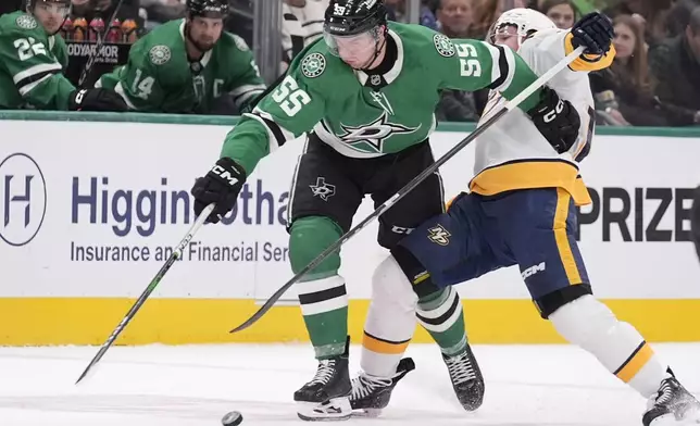 Dallas Stars defenseman Thomas Harley (55) keeps Nashville Predators center Colton Sissons from the puck during the second period of an NHL hockey game Thursday, Dec. 12, 2024, in Dallas. (AP Photo/LM Otero)