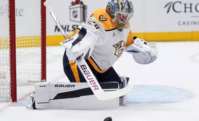 Nashville Predators goaltender Justus Annunen (29) defends the goal in the first period of an NHL hockey game against the Dallas Stars Thursday, Dec. 12, 2024, in Dallas. (AP Photo/LM Otero)