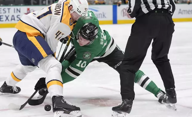 Nashville Predators right wing Michael McCarron (47) and Dallas Stars center Oskar Bäck (10) face off for control of the puck in the first period of an NHL hockey game Thursday, Dec. 12, 2024, in Dallas. (AP Photo/LM Otero)