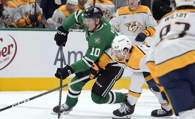 Dallas Stars center Oskar Bäck (10) moves the puck against Nashville Predators center Tommy Novak (82) in the first period of an NHL hockey game Thursday, Dec. 12, 2024, in Dallas. (AP Photo/LM Otero)